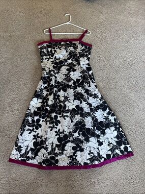 Dress Barn Black and White Floral Asymmetrical Dress with Magenta Trim